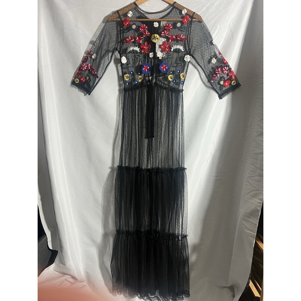ASOS Sheer Mesh Black Floral Applique Maxi Dress US 6 Whimsy Goth Boho Indie